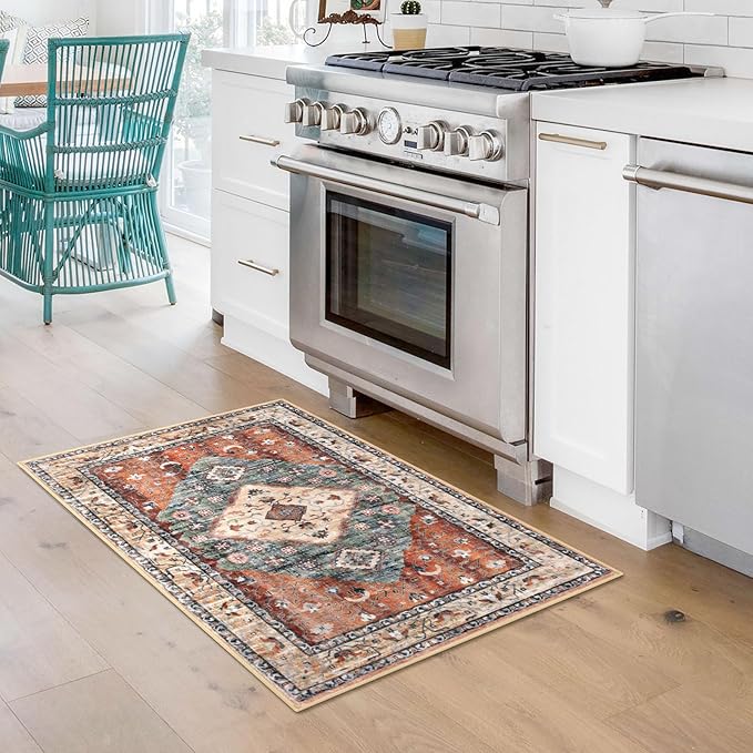 KOZYFLY Small Area Rug 2x3 Ft Rugs for Entryway Washable Boho Entry Rug Non Slip Door Mat Indoor Entrance Rust/Orange/Blue Printed Faux Wool Vintage Printed Kitchen Rug Throw Rugs for Entrance Kitchen