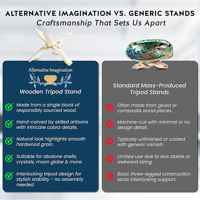 Alternative Imagination Wooden Tripod Display Stand - 8-Inch Hand Carved Holder Made from Mango Wood -Folding Natural Stand for Abalone Shell, Crystal Ball, Key Bowl,Trinket Dish, Incense,Decor & More
