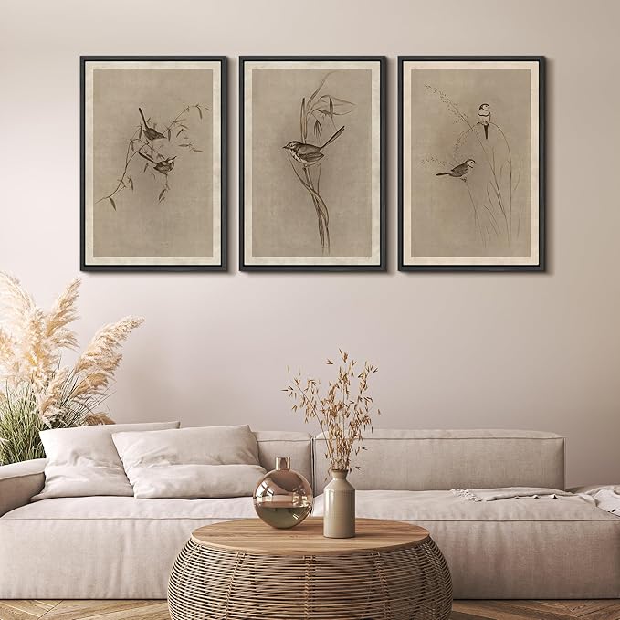MUDECOR Framed Wall Art Print Set Vintage Bird Wheat Ear Illustrations Modern Art Boho Decorative Colorful Chic for Living Room, Bedroom, Office - 16"x24"x3 Black