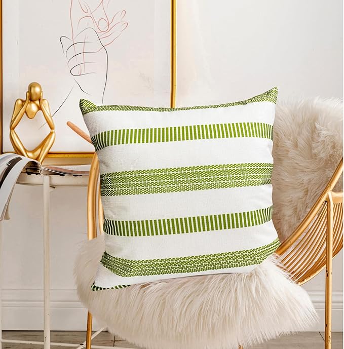 Decorative Throw Pillow Covers Set of 2 Grass Green Boho Striped Pillow Covers 16x16 Inch Throw Pillow Cover Linen Pillowcase Farmhouse Outdoor Pillow Covers for Couch Sofa Living Room