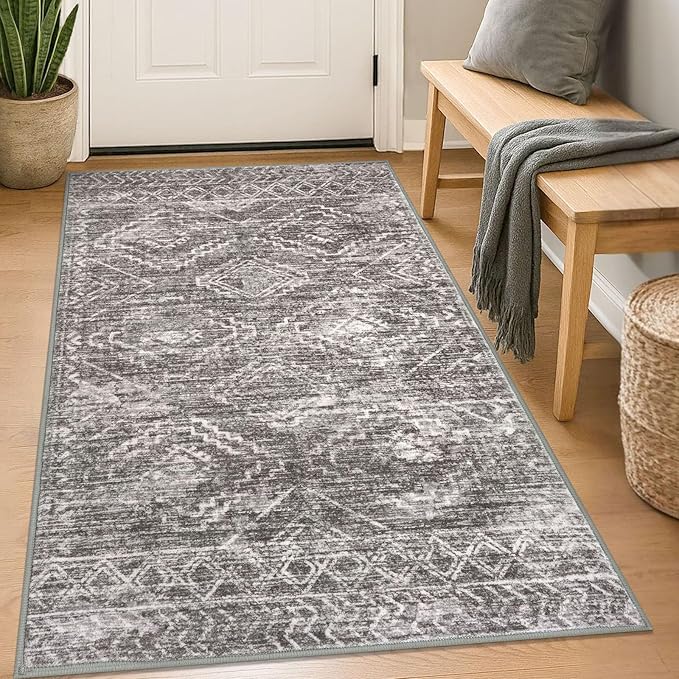 KILOCOCO Boho Entryway Rug 3x5 Area Rug Washable Non Slip Throw Rugs Soft for Kitchen Living Room Dining Bedroom Geometric Moroccan Carpet, Taupe