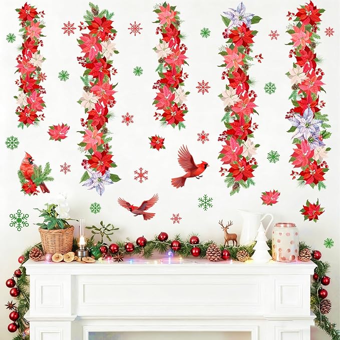 Christmas Wall Sticker Christmas Wall Decals Peel and Stick Double Sided Xmas Window Decal Indoor Art Murals Hanging Floral Cardinal Snowflakes Sticker for Door Holiday Home New Year Party Supplies