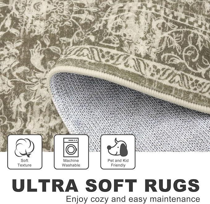 KILOCOCO Hallway Runner 2x6 Rug Runner Printed Vintage Floral Washable Kitchen Runners Non-Slip Rubber Backed Runners for Hallways Laundry Room Distressed Boho Rugs for Entryway Bedroom, Taupe/Green