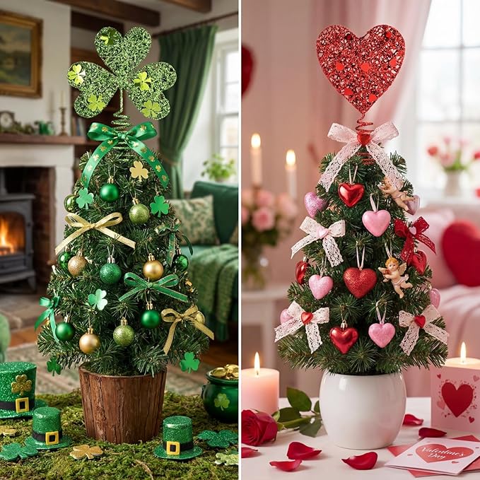 2pcs Valentine Day St Patrick's Day Mini Tree Topper Heart Shamrock Tree Topper Red Green Iron Metal Glitter Holidays Ornament for Irish Festival Party Decorations (2,Classic)