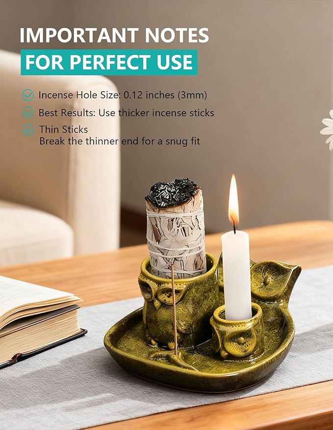 Comeon Palo Santo Holder, 4 in 1 Ceramic Owl Backflow Incense Burner Holder Candle Holder Sage Holder for Burning Bow(Yellow)