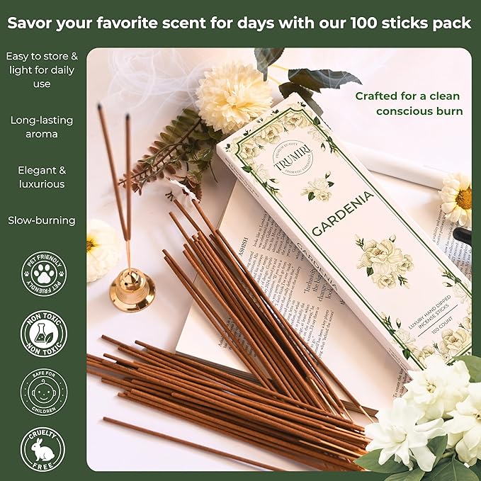 Gardenia Incense Sticks - Pack of 100 Inscents-Sticks - Inciensos Aromaticos para La Casa - Made with Natural Insence Ingredients - Scented Incents Non Toxic Insense