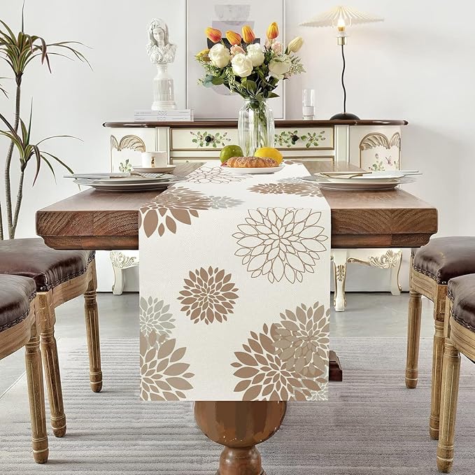 Coffee Brown Dahlia Table Runner Modern Elegant Flower Beige Table Runners Geometric Pompon Farmhouse Table Center Decor for Home Kitchen Dining Party Indoor Outdoor (13x72 Inch)