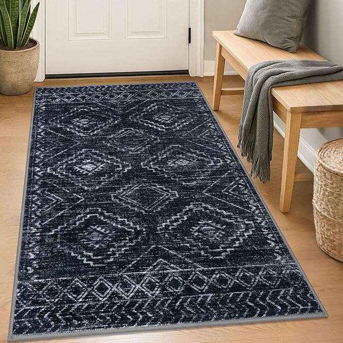 KILOCOCO Boho Entryway Rug 3x5 Area Rug Washable Non Slip Throw Rugs Soft for Kitchen Living Room Dining Bedroom Geometric Moroccan Carpet, Black/Navy