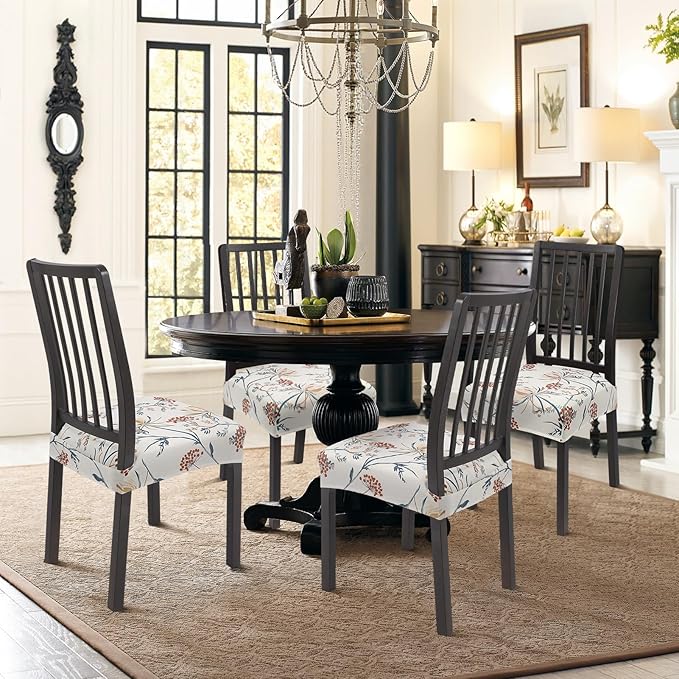 SearchI Stretch Dining Chair Seat Covers Set of 6, Soft Removable Washable Seat Covers for Dining Chairs, Dining Room Seat Cover Protector (Rear-Covered, Beige Flower 1)