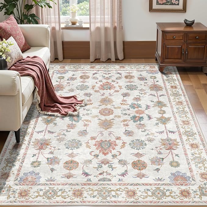 Tangsoo Washable Area Rug, 4x6 Pottery Barn Neutral Floral Rugs for Bedroom Living Room, Vintage Boho Non Slip Low Pile Beige Carpet for Farmhouse Nursery Office Laundry, Pet & Child Friendly