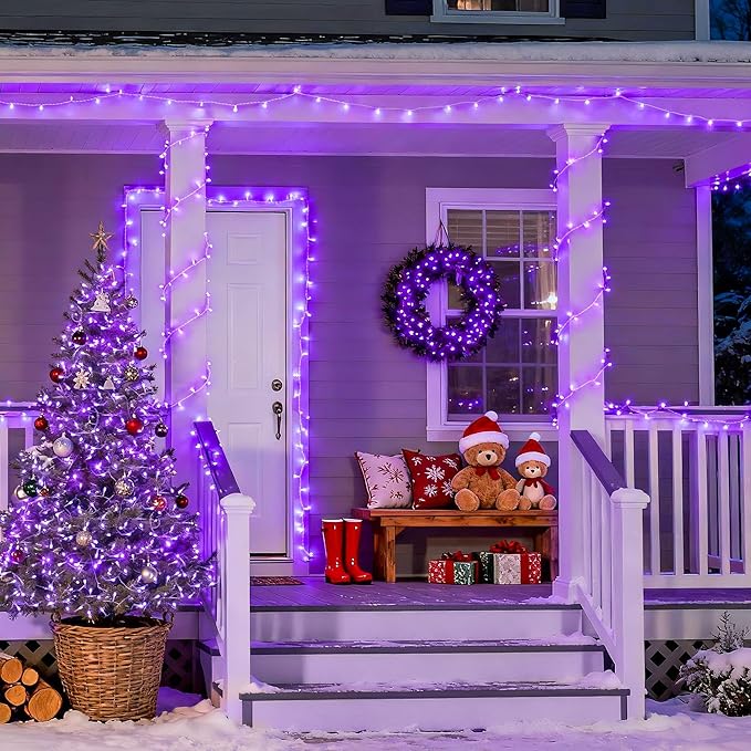 JMEXSUSS Connectable 100 LED Purple Christmas Lights Indoor, 8 Modes Plug in Purple String Lights Clear Wire, 33ft Christmas Tree Light Outdoor for Xmas Tree, Garden, Bedroom