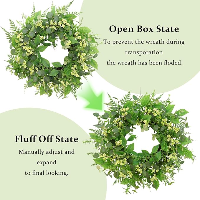 Green Eucalyptus Wreaths for Front Door,22 Inch Artificial Spring Summer Winter Wreath with Green Berries,Eucalyptus Leaves for Indoor Outdoor Wall Porch Festival Farmhouse Home Holiday Decor.