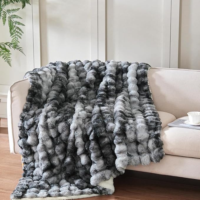 60x80 Inches Ultra-Soft Fuzzy Faux Fur Plush Twin Size Blanket - Thick, Warm Sherpa for Couch, Sofa, Bedroom, Camping - Decorative Blanket for Cozy Warmth, Bubble Light Grey Tie Dye