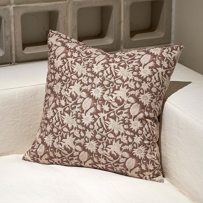 Amor Virisso Floral Throw Pillow Covers 18x18 Couch Pillows for Living Room Decorative Accent Pillow Covers Block Print Farmhouse Neutral Pillow Covers Sofa Pillows 1PC, Brown