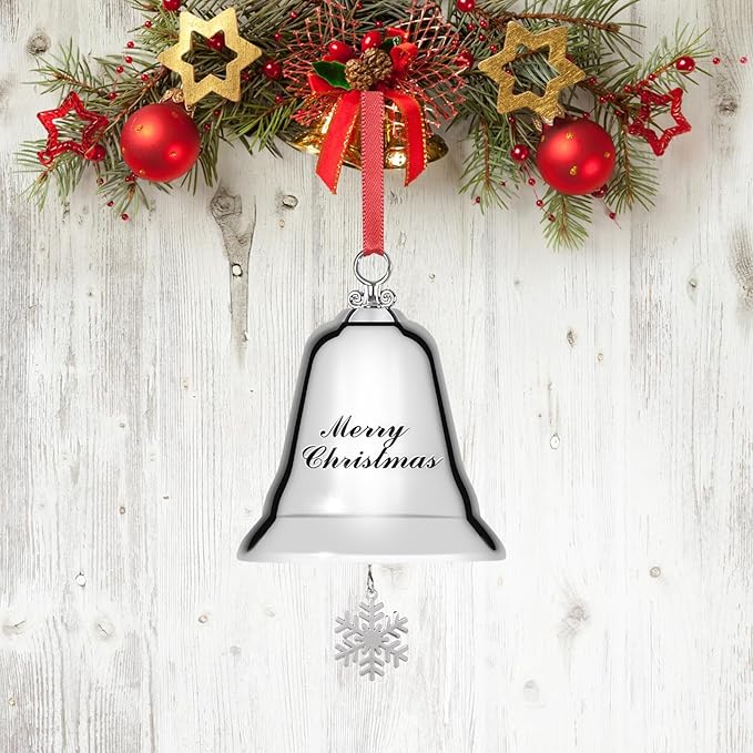 Styleonme Decorative Bells, Christmas Ornaments 2025, Engraved It's Merry Christmas, Silvery Bells Decoration with Pendants Snowflakes