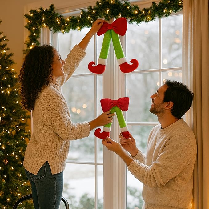 Plush Elf Legs Christmas Wreath Decoration with Large Red Bow - 15.7" Hanging Holiday Decor for Front Door, Wall & Tree (6, Red)