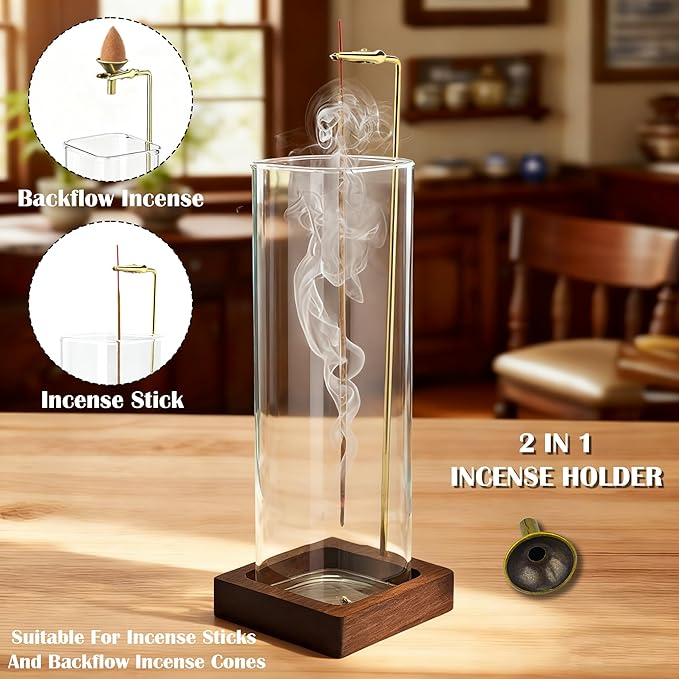 1 Pack HZCPENG Incense Holder, 2 in 1 Incense Burner for Sticks or Backflow Incense, Anti-ash Square Incence-Stick Holder with Wooden Base for Meditation, Yoga, Relaxation, and Home Décor