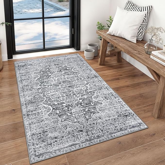 KUTA Area Rug 3x5, Vintage Floral Rugs for Living Room Grey Blue White Washable Non-Slip, Ultra Soft Printed Medallion Entry Low-Pile Throw Carpet for Entrance Bedroom Dorm Décor