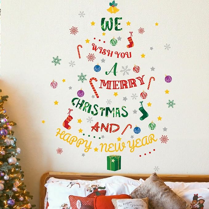 Christmas Tree Wall Stickers,Xmas Tree Wall Decals,Merry Christmas Window Clings, Snowman Wallpaper Snowflake for Party Class Home Living Room Bedroom