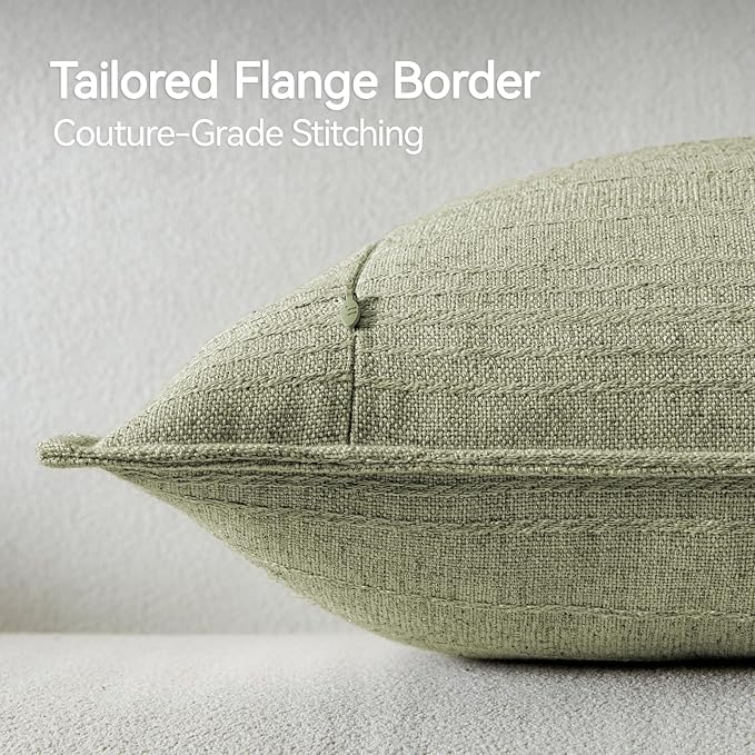 a moment Linen Pillow Covers Set of 2,Boho Farmhouse Throw Pillowcases Neutral Textured Decorative Covers for Couch Sofa,Soft Linen Blend Accent Case Cushion Home Decor 20"x20"Seeding Green