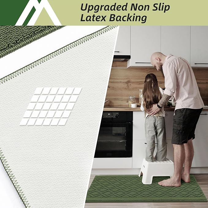 COSY HOMEER 48x20 Inch/30X20 Inch Kitchen Rug Mats Made of 100% Polypropylene 2 Pieces Soft Kitchen Mat Specialized in Anti Slippery and Machine Washable for Home Kitchen,Green