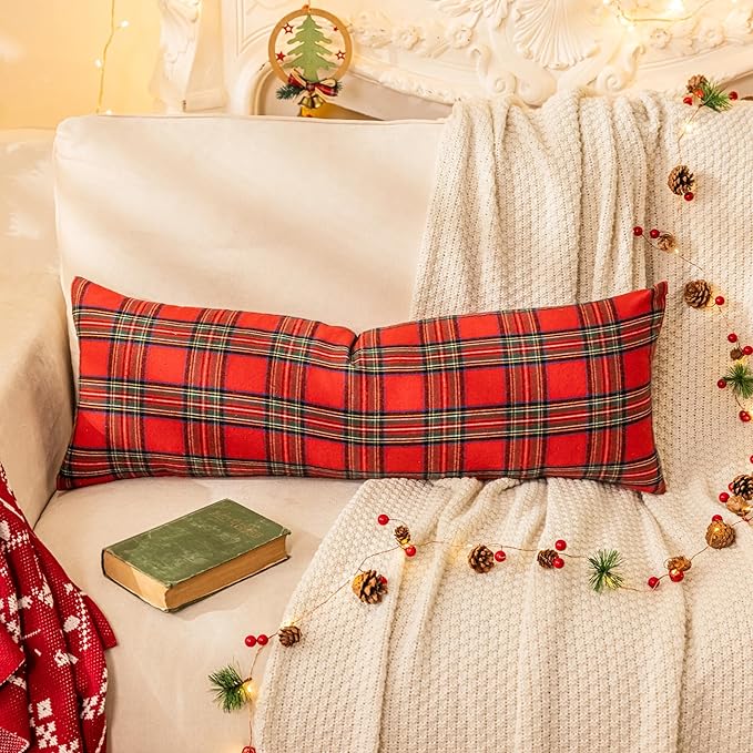 AQOTHES Pack of 2 Christmas Plaid Decorative Throw Pillow Covers Scottish Tartan Cushion Case for Farmhouse Home Holiday Decor Red and Green, 14 x 36 Inches