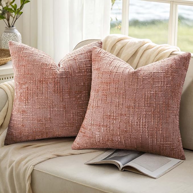 decorUhome Pink Chenille Throw Pillow Covers 18x18 Set of 2 Thick Textured Slubby Couch Pillow Covers Farmhouse Accent Modern Neutral Decorative Pillow Cases for Bed Sofa Living Room