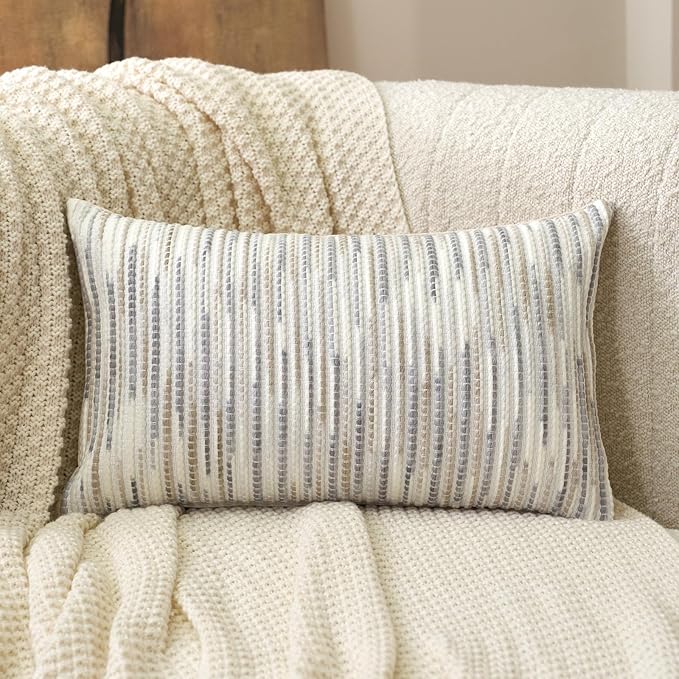 Aeckself Boho Striped Pillow Cover 12x20, Rectangle Decorative Lumbar Throw Pillow Cover Chenille Neutral Pillowcase for Couch Bedroom Living Room, Gray White
