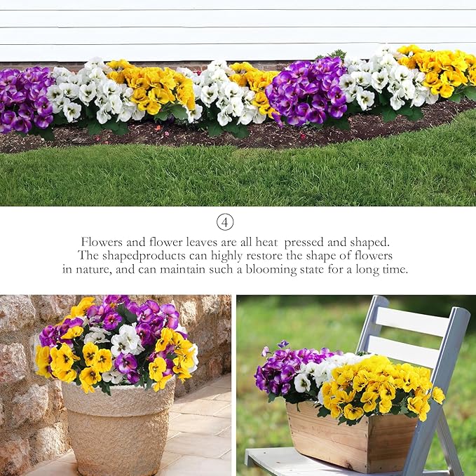 Hananona 12 Bundles Artificial Flowers Outdoor UV Resistant Artificial Silk Pansies Faux Plastic Flower in Bulk Fake Outdoor Plants(12, Yellow, White, Purple)