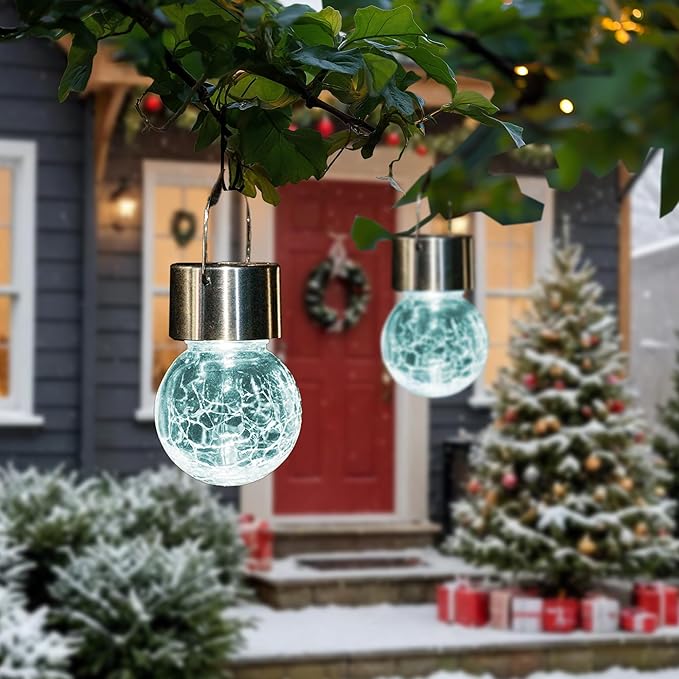 GIGALUMI 8 Pack Solar Hanging Lights, Multi-Color Changing Cracked Glass Hanging Ball Outdoor Lights with Waterproof Solar Lanterns for Garden, Yard, Patio, Lawn