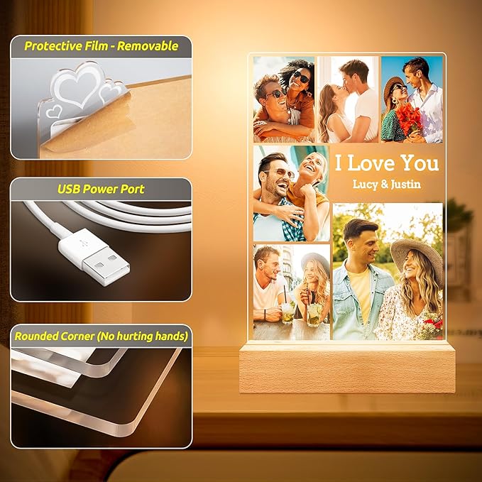 Custom Picture Frames with Photo, Personalized Photo Frame with Night Light, Customized Picture Frame, Personalized Anniversary Couple Christmas Gifts for Women Men Girlfriend Boyfriend Her Him