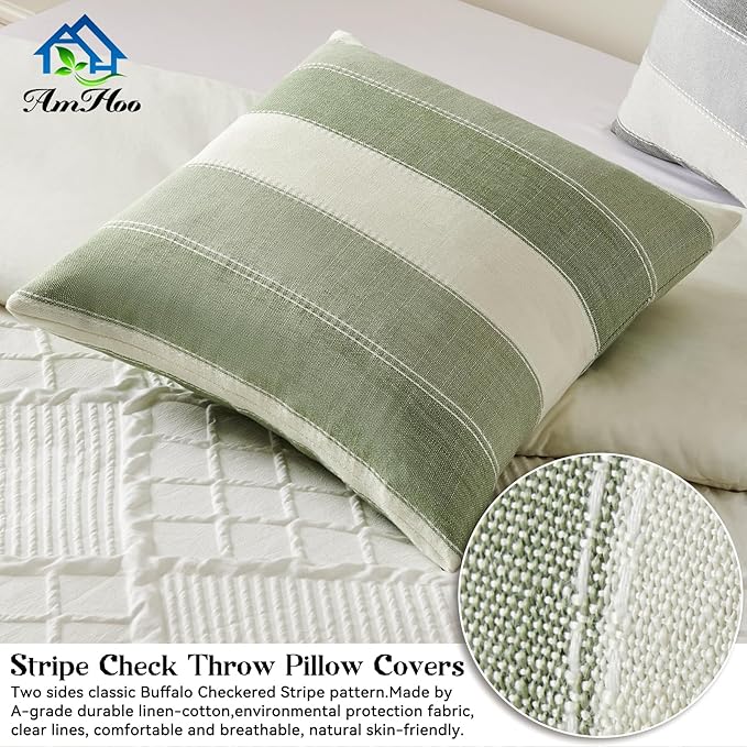 AmHoo Pack of 2 Farmhouse Stripe Check Throw Pillow Covers Set Case Cotton Linen Decorative Pillowcases Cushion Cover for Couch Bench Sofa 22x22 Inch Sage Green