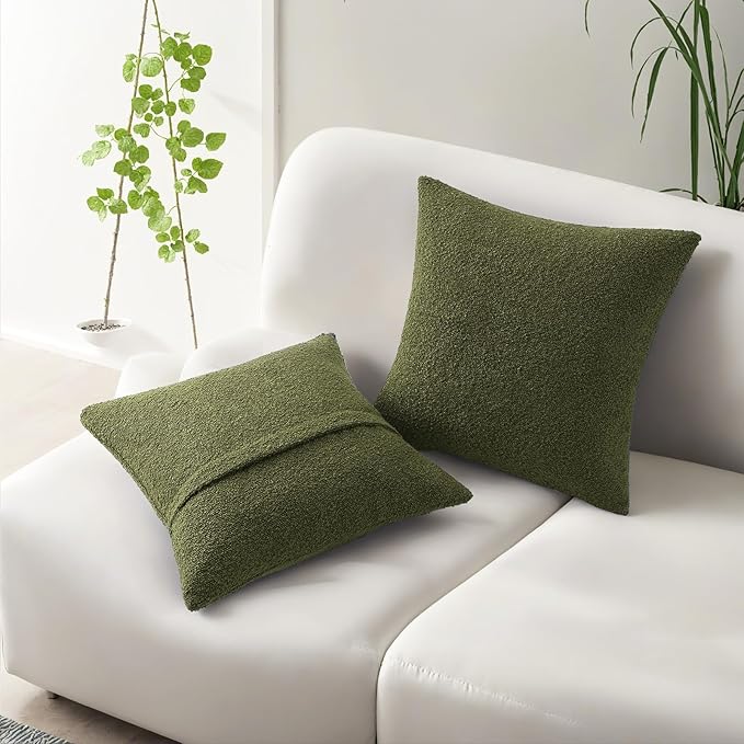 HAUSSY Set of 2 26x26 Decorative Throw Pillow Covers, Soft Cozy Euro Pillow Shams Textured Boucle, Home Decor for Couch Bed Living Room, Moss Green