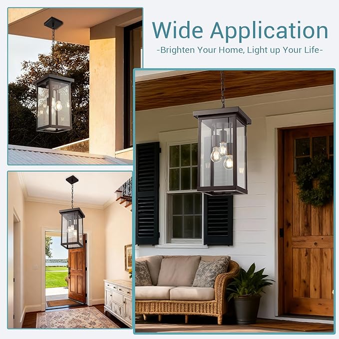 LOUSACE 16'' Large Outdoor Pendant Light 3-Lights Oil Rubbed Bronze Outdoor Chandelier Exterior Hanging Porch Light Fixtures Adjustable Ceiling Mount Outside Pendant Lantern for Entryway Front Door