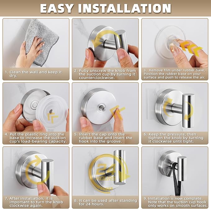 Suction Cup Hooks for Shower - Bathroom Reusable Hooks for Towels, Robes & Loofah - No-Drill Mounting on Kitchen,Walls,Metal,Glass,Mirrors,Tile & Smooth Non-Porous Surfaces (2, Brushed Nickel)