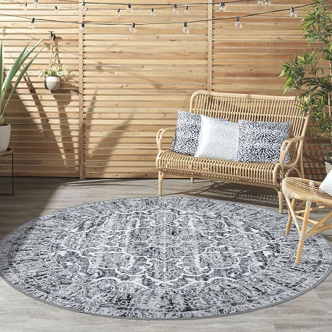 KUTA Vintage Round Rugs 5ft, Grey Blue White Washable Circle Rug 5ft, Non-Slip Printed Medallion Carpet for Living Room, Soft Cozy Dining Kitchen Throw for Entryway