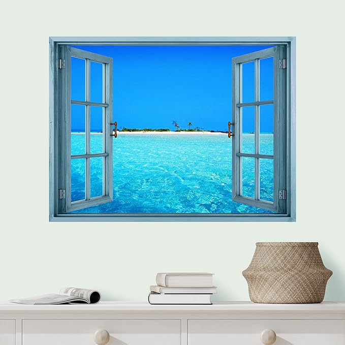 wall26 Removable Wall Sticker/Wall Mural Window View Tropical Teal Ocean Island Paradise Wilderness Nature Photography Realism Rustic Landscape Colorful for Living Room, Bedroom, Office - 36"x48"