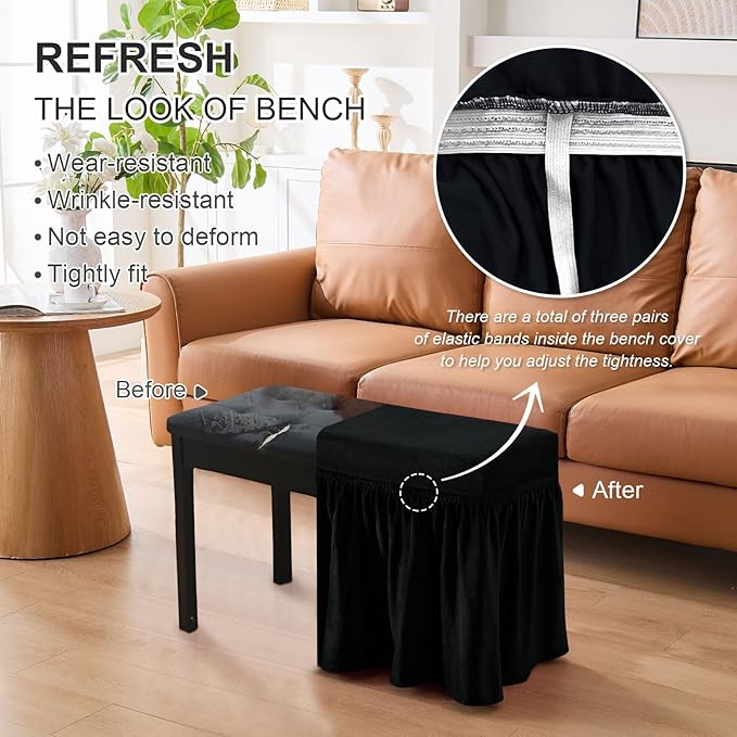 NICEEC Spandex Stretch Piano Bench Cover with Skirt Removable Ottoman Cover Rectangular Washable Stool Slipcover for Duet Piano Bench Seat Cushion Protector(Black)