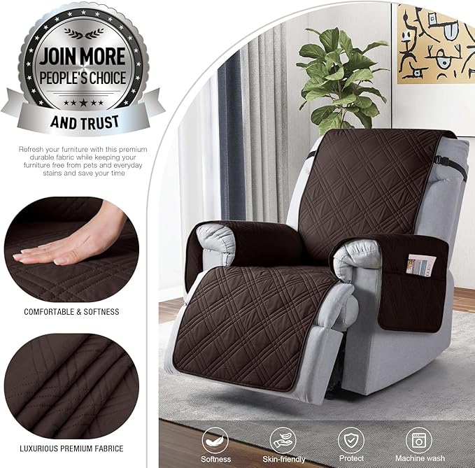 TAOCOCO 100% Waterproof Recliner Chair Cover, Non Slip Recliner Covers for Recliner Chair with Pocket, Washable Reclining Chair Cover Furniture Protector for Kids, Pets(23.6'', Coffee)