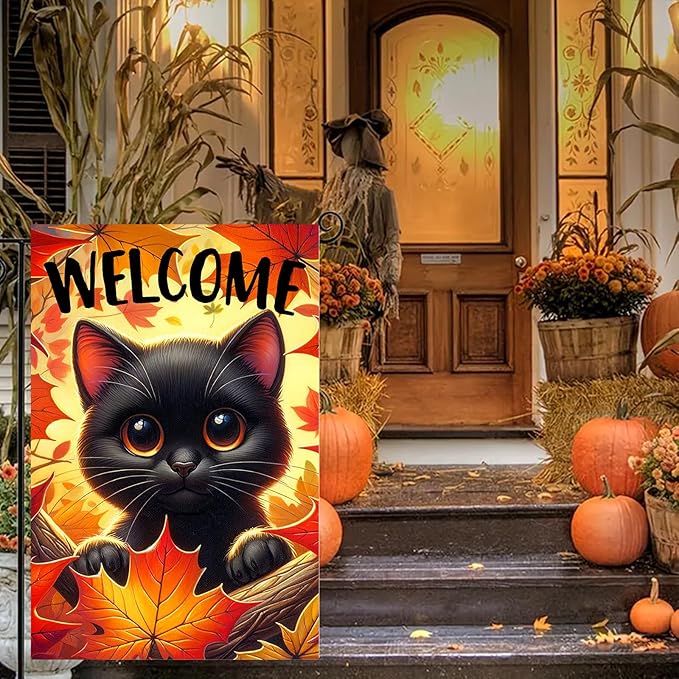 Halloween Outdoor Garden Flag 12x18 Inch Black Cat Ghost and Pumpkin Set Illustration Double Sided Fall Everyday Flag for Cute Halloween Yard Display Outdoor Yard Porch Decoration