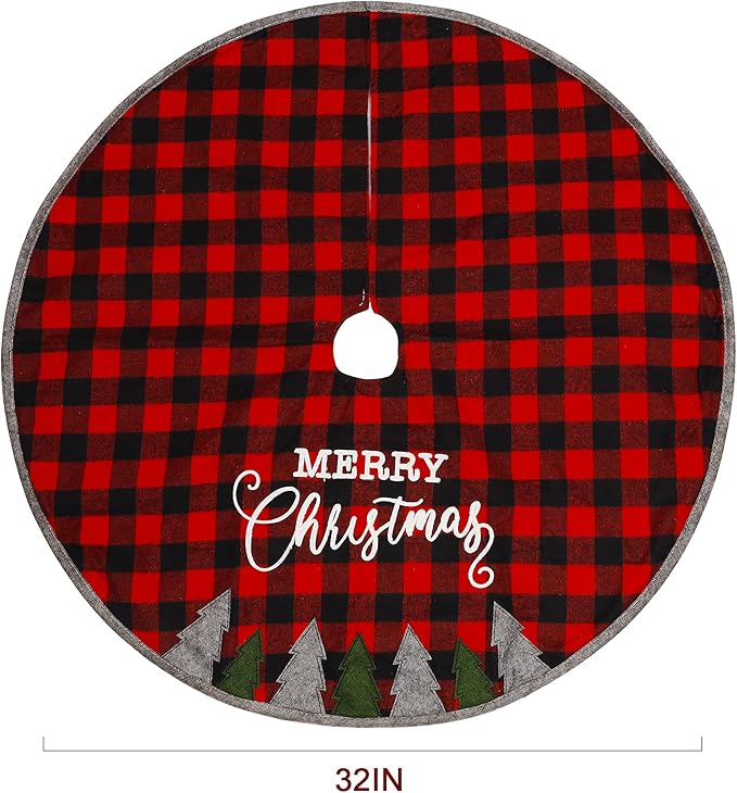 Juegoal 32 Inch Christmas Tree Skirt, Soft Red and Black Plaid Christmas Tree Mat for Xmas Party Decoration, Merry Christmas Base Cover for Christmas Tree Holiday Decor