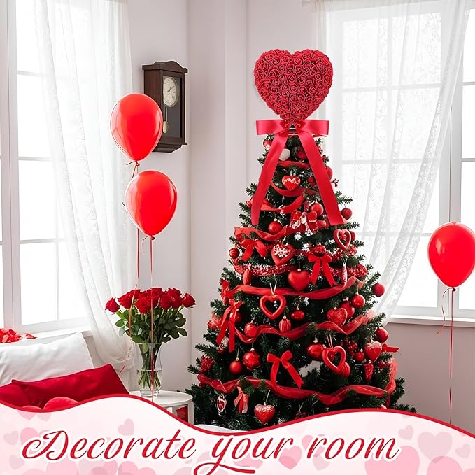 Soulchen Valentine Day Tree Topper 11.8 Inch Red Heart Tree Topper with Bow Artificial Rose Flower Valentines Trees Ornaments for Valentine's Day Wedding Holiday Party Supplies