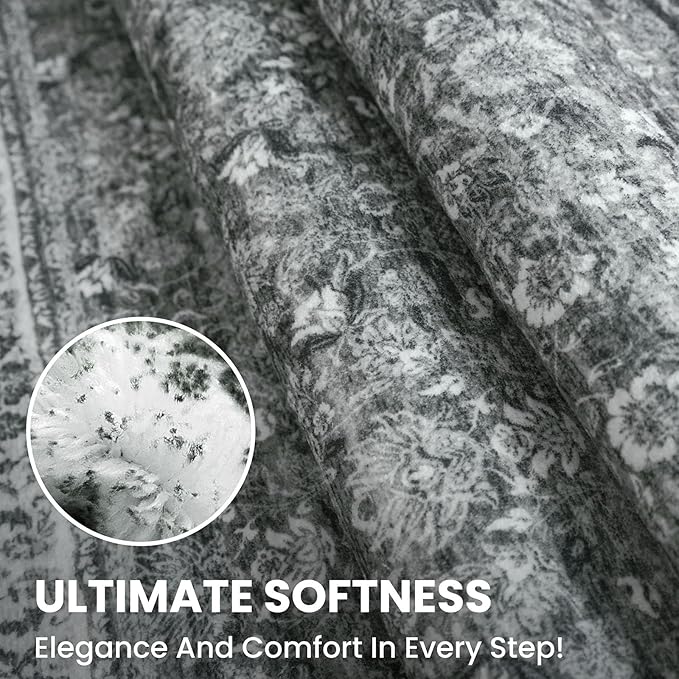 2x3 Washable Small Area Rug for Entryway, Moss Charcoal Soft Non-Slip Indoor Door Mat Distressed Floral Low-Pile Kitchen Rugs, Neutral Vintage Carpet for Entrance Bedside Farmhouse