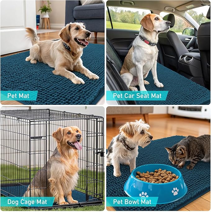 OLANLY Dog Door Mat for Muddy Paws 47x20, Absorbs Moisture and Dirt, Absorbent Non-Slip Washable Doormat, Quick Dry Chenille Mud Mat, Entry Indoor Entryway Carpet for Inside Floor, Atlantic Blue