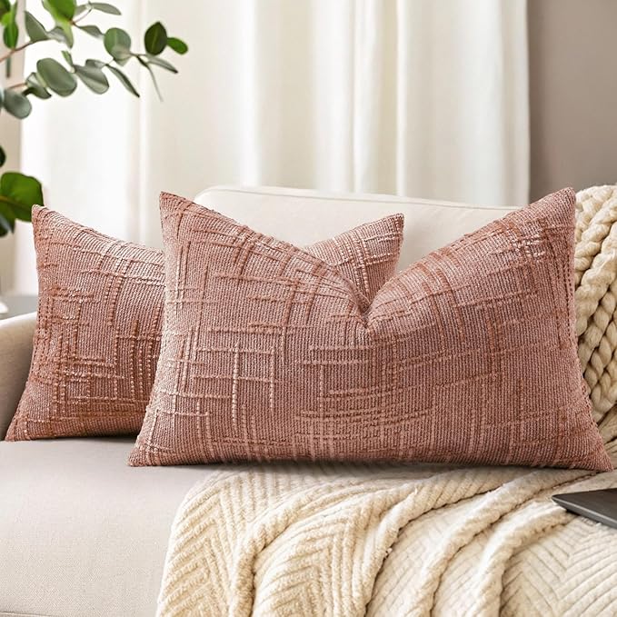 decorUhome Pink Chenille Throw Pillow Covers 12x20 Set of 2 Thick Textured Slubby Couch Pillow Covers Farmhouse Accent Modern Neutral Decorative Pillow Cases for Bed Sofa Living Room