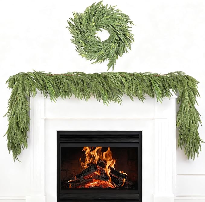 6 FT Christmas Artificial Norfolk Pine Garland with 18" Wreath, Real Touch Xmas Faux Greenery for Holiday Table Mantle Wall Fireplace Windows Home Front Door Indoor Decor