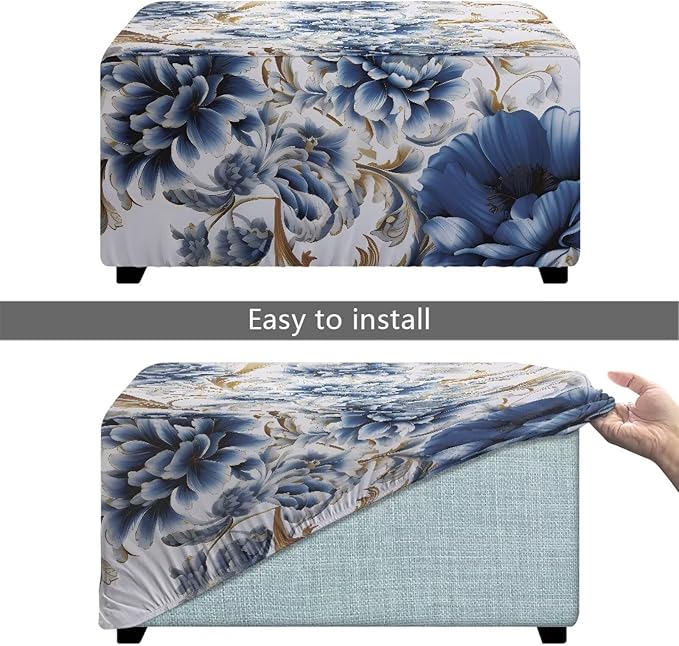 Blue Flower Ottoman Covers Slipcover Rectangle Chair Cover for Living Room Foot Stool Elastic Easy to Install Footstool Protector Dust Cover Rustic Home Decor 30x24x15 Inch