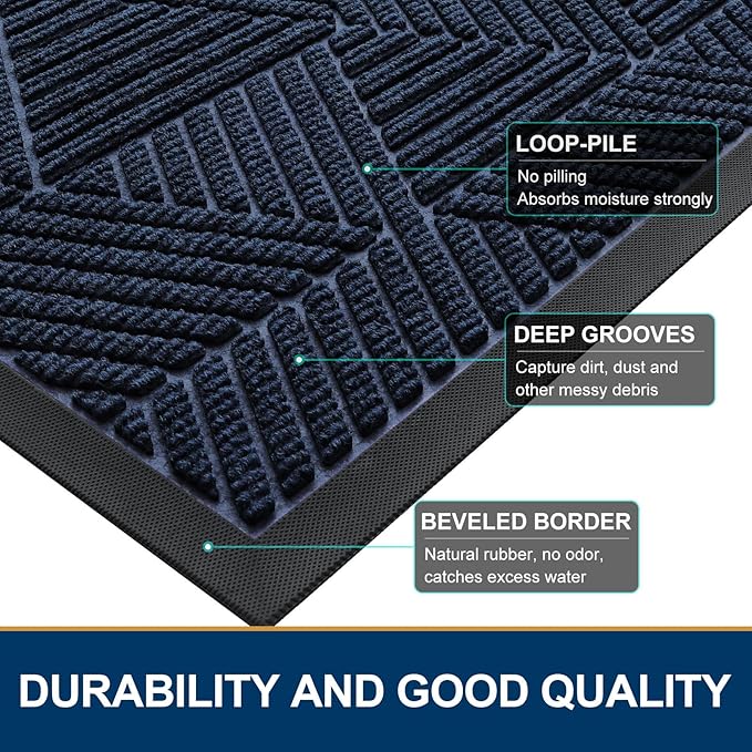 Smiry Front Door Mat Outside Entrance, Heavy Duty Sturdy Natural Rubber Doormat, Trap Dirt and Moisture, Easy Clean Low Profile Mats for Indoor Outdoor Entry, Irregular Triangle (71x47, Navy Blue)
