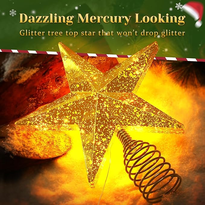Gold Christmas Tree Star Topper with Lights, 8.5-Inch Light-Up Christmas Tree Topper with Remote Control, 4 Brightness Levels & 8 Light Modes, Faux Mercury Glitter Design with 20 Lights