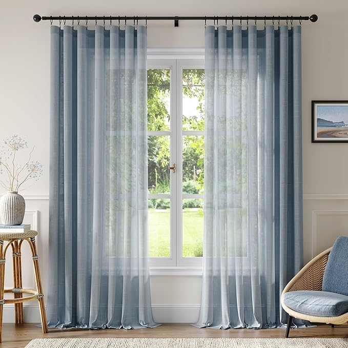 Anmao Natural Linen Curtains for Living Room 96 Inch Length 2 Panels Set, Light Filtering Semi Sheer Window Curtain Drapes for Bedroom with Curtain Rings and Clips, 52 Inch Wide Each Panel, Haze Blue